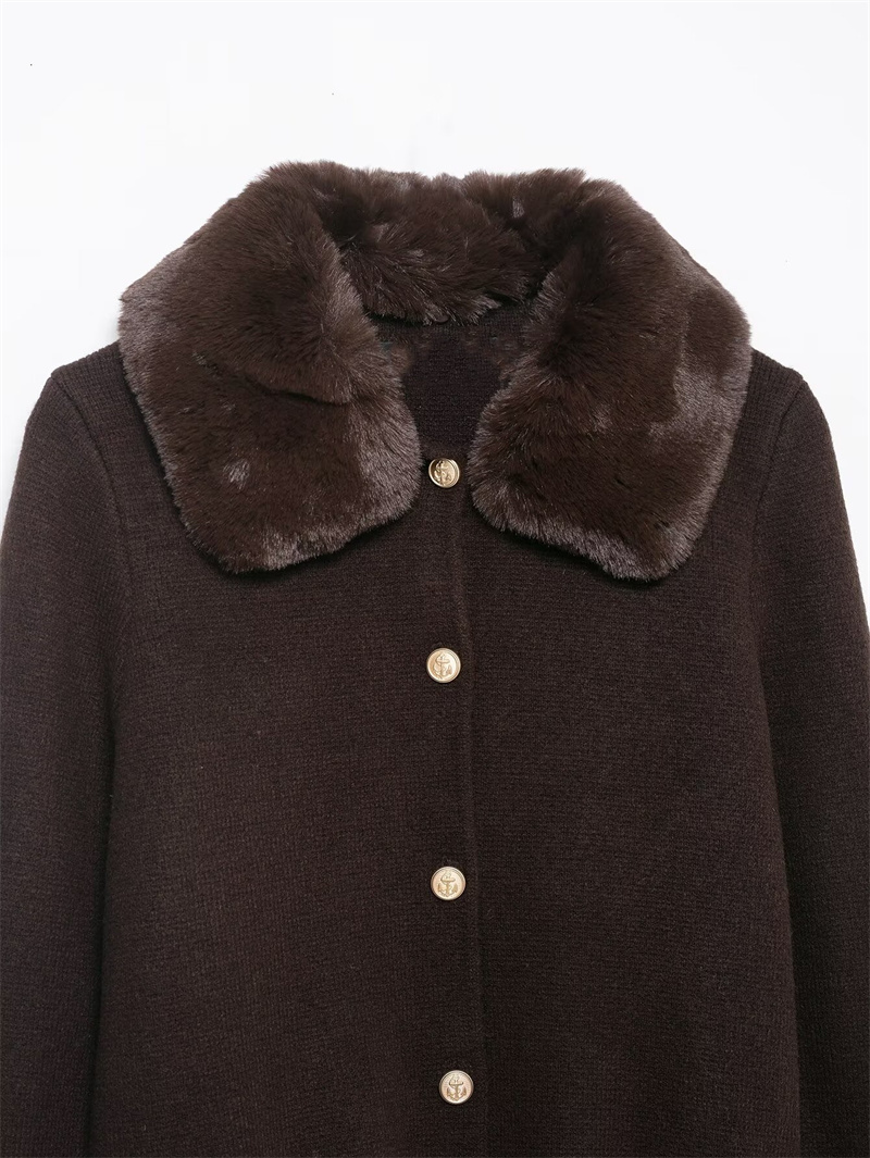 Veste femme 2025 automne nouveau Style marron foncé à manches longues col en fausse fourrure tricot Cardigan veste élégante et élégante
