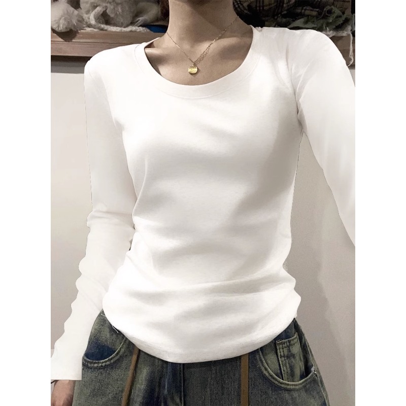 Vêtements pour femmes, tenue d'automne, t-shirt à col rond, manches longues, couleur unie, design tendance pour étudiantes, haut ajusté pour femme.