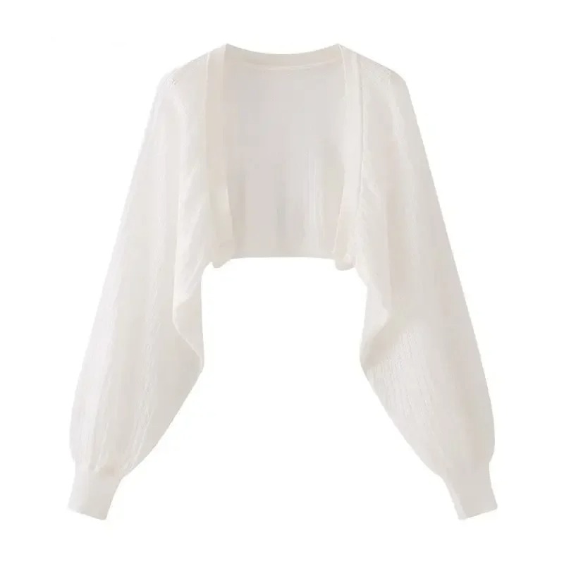 Cardigan style français en soie glacée anti-UV, boléro court en maille transparente à manches bouffantes, châle léger d'été