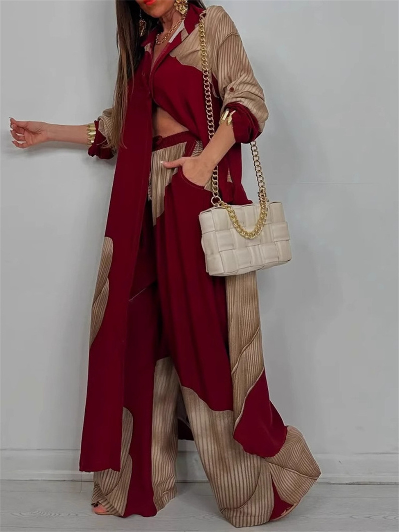 Femmes automne mode décontracté couleur bloquée chemise ample haut et pantalon deux pièces ensemble confortable pantalon droit femmes costumes 2025