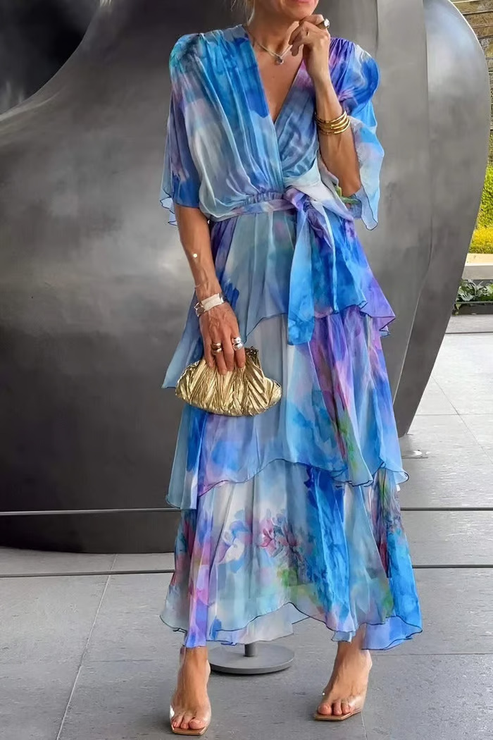 Robe gâteau femmes robes longues une ligne robes Streetwear Y2k col en V demi manches élégant taille haute fête nuit plage été 2025