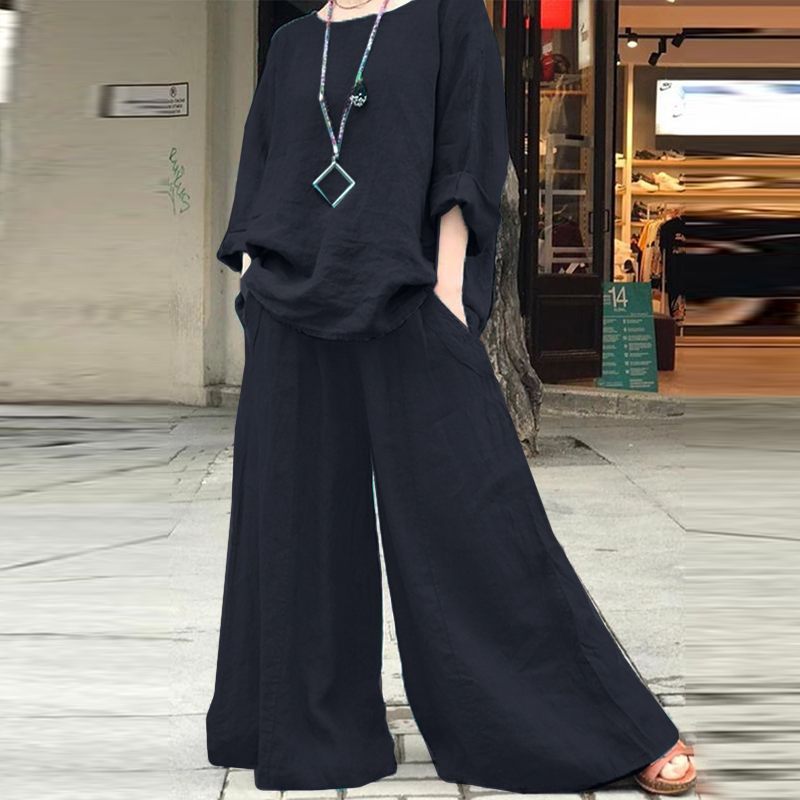 Ensemble 2 pièces en coton lin pour femmes, décontracté, col rond, manches longues, chemisiers, jambes larges, culottes, rétro, adt, automne