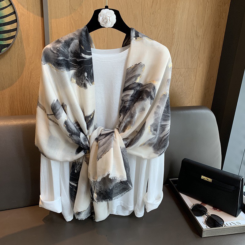 Hiver Floral encre peinture écharpe pétale frange Viscose doux coton châles 180x90 cm pour les femmes voyage décontracté musulman Hijab