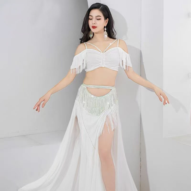Ensemble de costumes de danse du ventre pour femmes, tenue de danse orientale, Costumes de compétition de groupe, jupe longue Shimmy à franges avec écharpe triangulaire