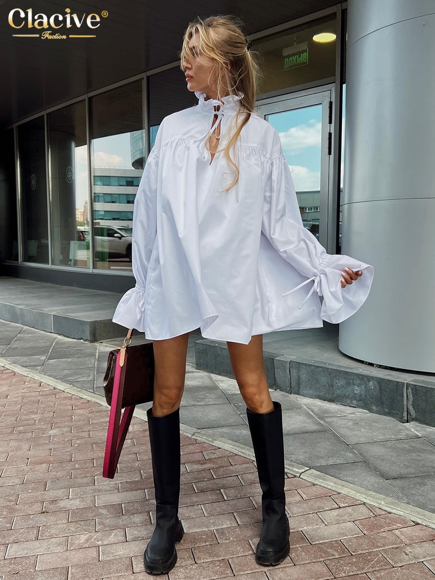 ClacMarkets-Mini robe à manches longues avec ceinture taille haute pour femme, tenue élégante, ensemble 2 pièces, blanc, mode 2025