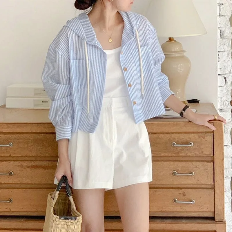 Chemise amincissante d'été pour femmes, pare-soleil ample à rayures courtes, Cardigan ouvert climatisé à capuche, nouveau modèle de Protection thermique
