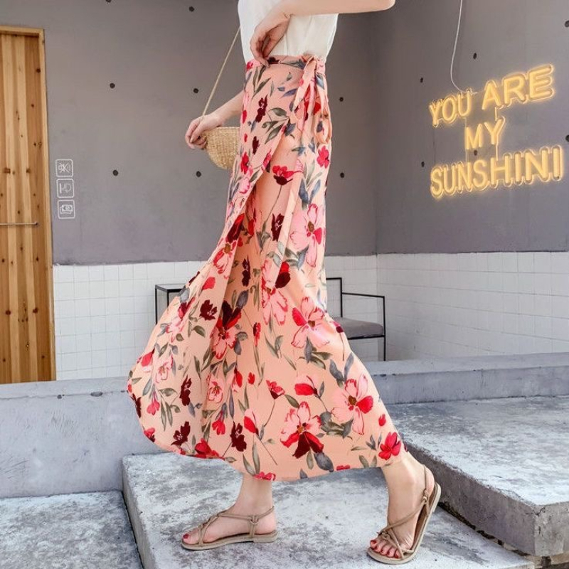 Jupe longue en mousseline de soie à imprimé floral pour femme, taille haute, avec fente, style portefeuille, à nouer sur le côté, pour la plage, été 2026