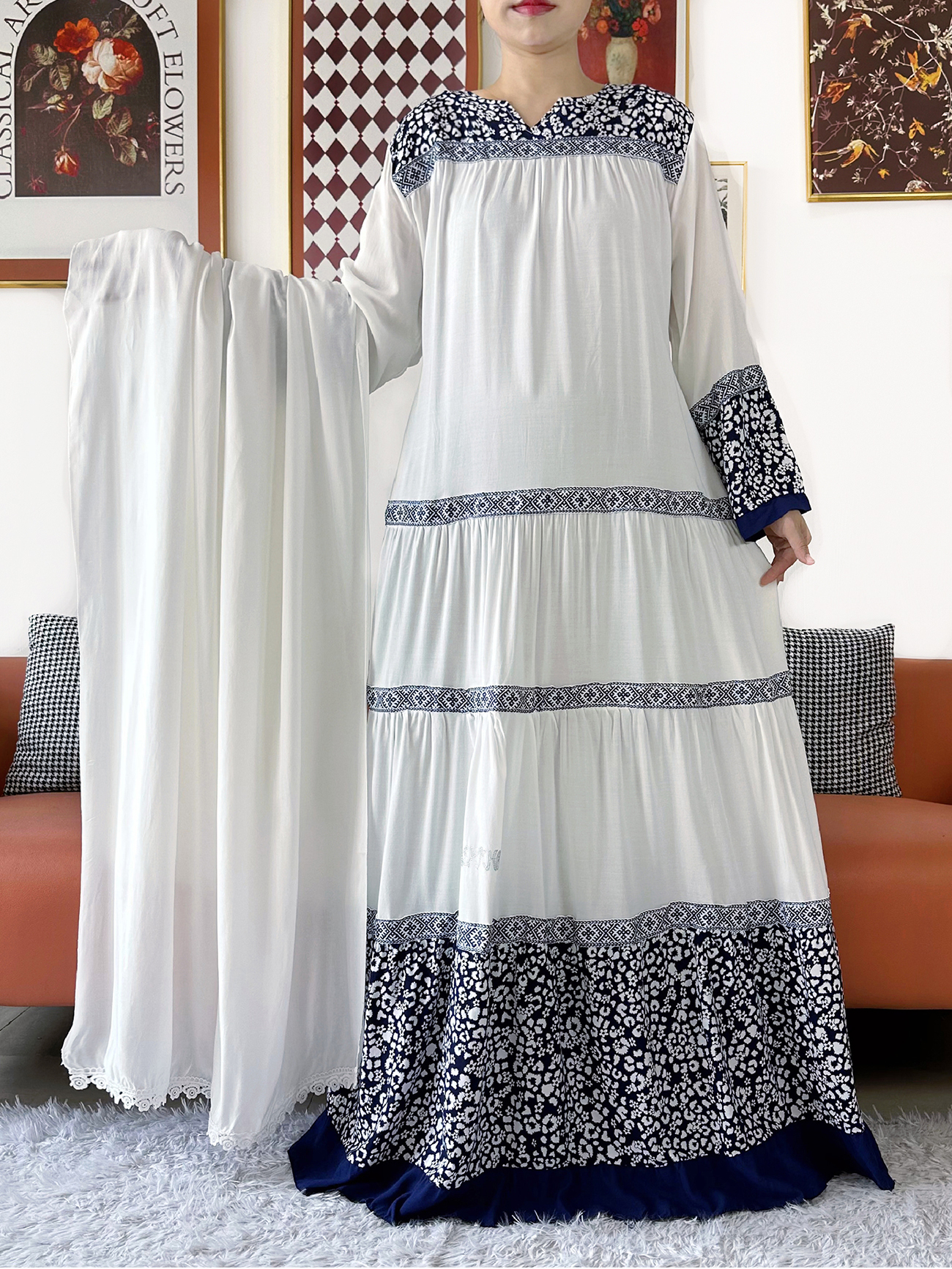 Ventes Exclusives 2026 Nouvelle Robe Africaine Boubou KASHKHA en Coton Abaya Ample Musulmane avec Grand Foulard Maxi pour le Ramadan