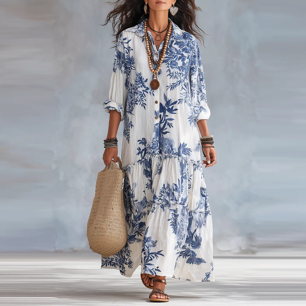 Robe chemise élégante pour femme, imprimé floral, col rabattu, simple boutonnage, à volants étagés, style bohème décontracté, vêtement d'été