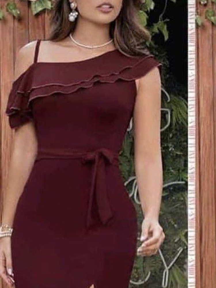 Robe bordeaux à une épaule pour femme, idéale pour soirée, cocktail, gala, soirée, dîner formel