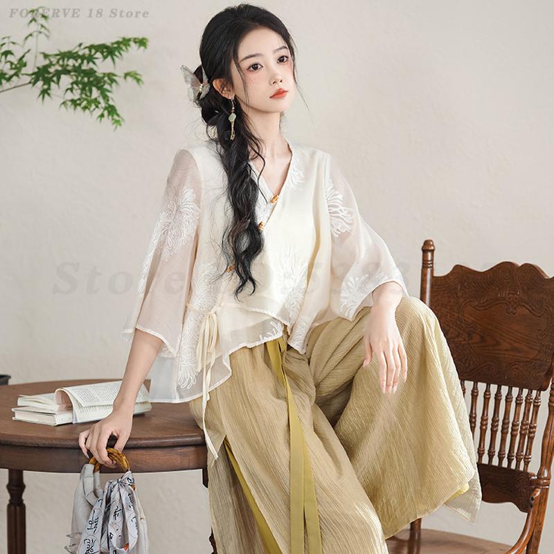 Vêtements de style ethnique chinois pour femmes, olympiques élégants, ensemble de thé du Vermont, chemise à manches courtes, Hanfu traditionnel vintage, printemps et été