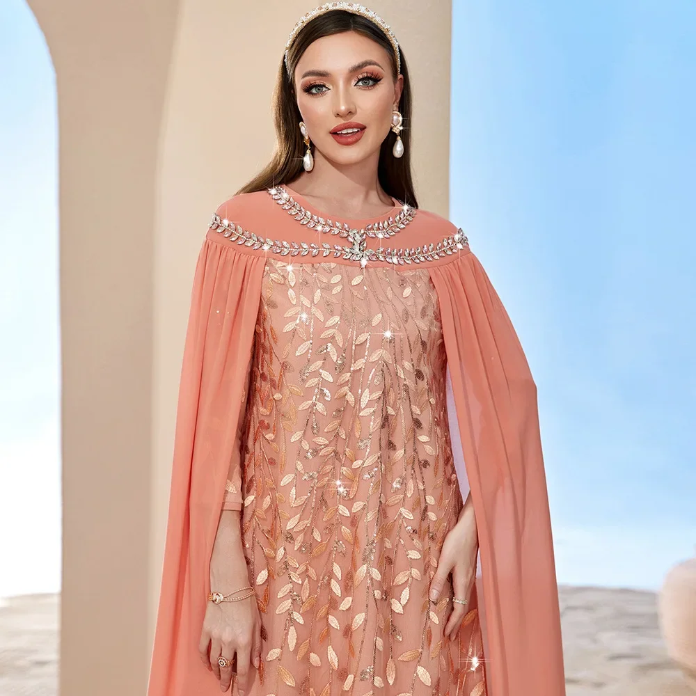 Abaya musulman brodé à motif de feuilles, Cape à la mode pour femmes, dubaï, turquie, faux deux robes, vêtements islamiques pour femmes, robe longue musulmane
