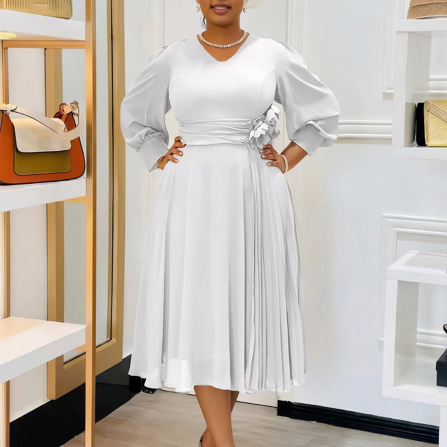 Robe longue pliable pour femmes, col en V, manches longues, fleur tridimensionnelle, taille serrée, Maxi, été, ligne A, 2025