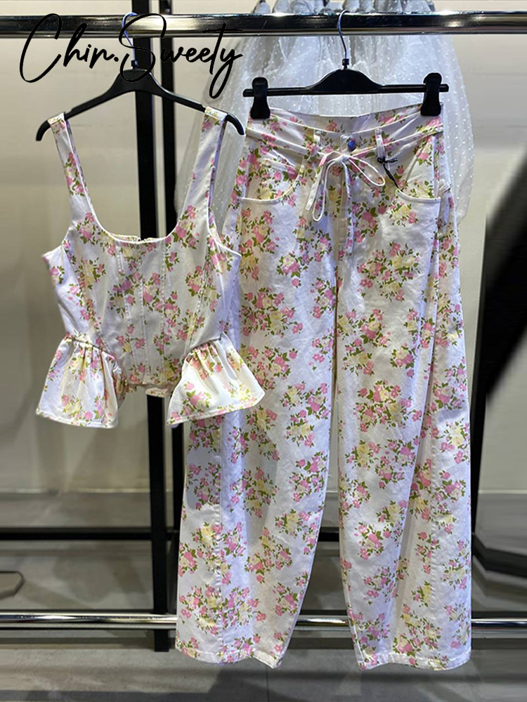 Nouvel ensemble élégant 2 pièces pour femme : gilet imprimé sans manches et pantalon large à volants – Collection Printemps-Été 2026