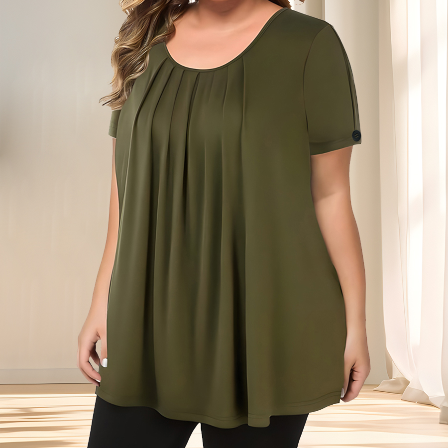 [Chemisier élégant grande taille] chemisier décontracté à manches courtes et col rond pour femme en polyester léger, grande taille |   Couleur unie, subtil S