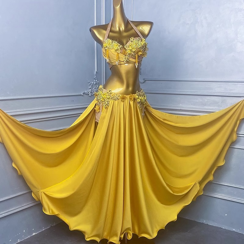 Vêtements de danse du ventre personnalisés, costume de Performance pour femmes, nouvel ensemble de vêtements de danse orientale, robe d'entraînement, vêtements indiens pour femmes, jaune, 2025