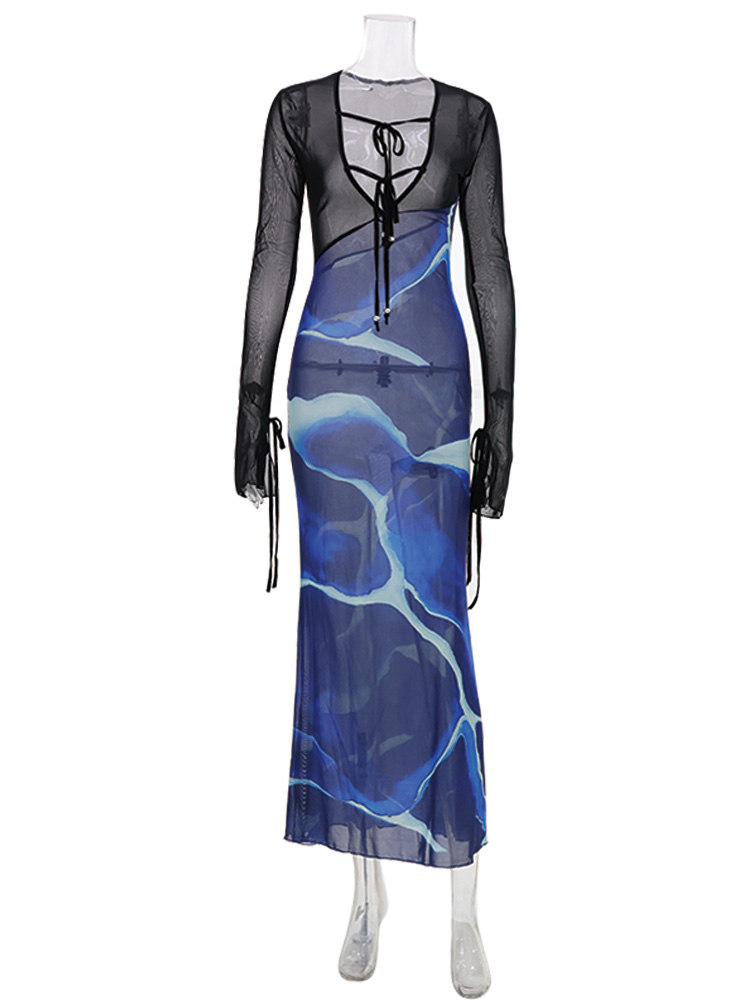 HUHUGIRL – robe longue en maille patchwork avec manches, col en v profond, style plage décontracté et sexy pour femmes, chic, mode, douce et ajustée