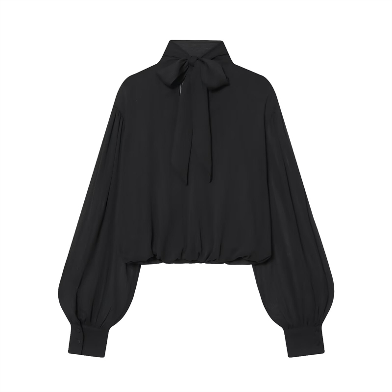 Chemisier noir à col papillon pour femmes, haut court en mousseline de soie à manches bouffantes transparentes pour fête et bureau