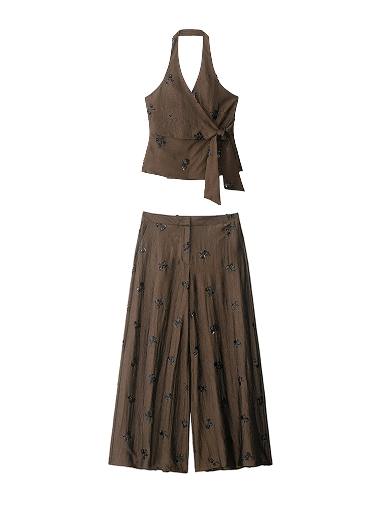 Ensemble 2 pièces d'été pour femme, haut cache-cœur marron à sequins floraux et pantalon large taille haute, tenue décontractée élégante style streetwear