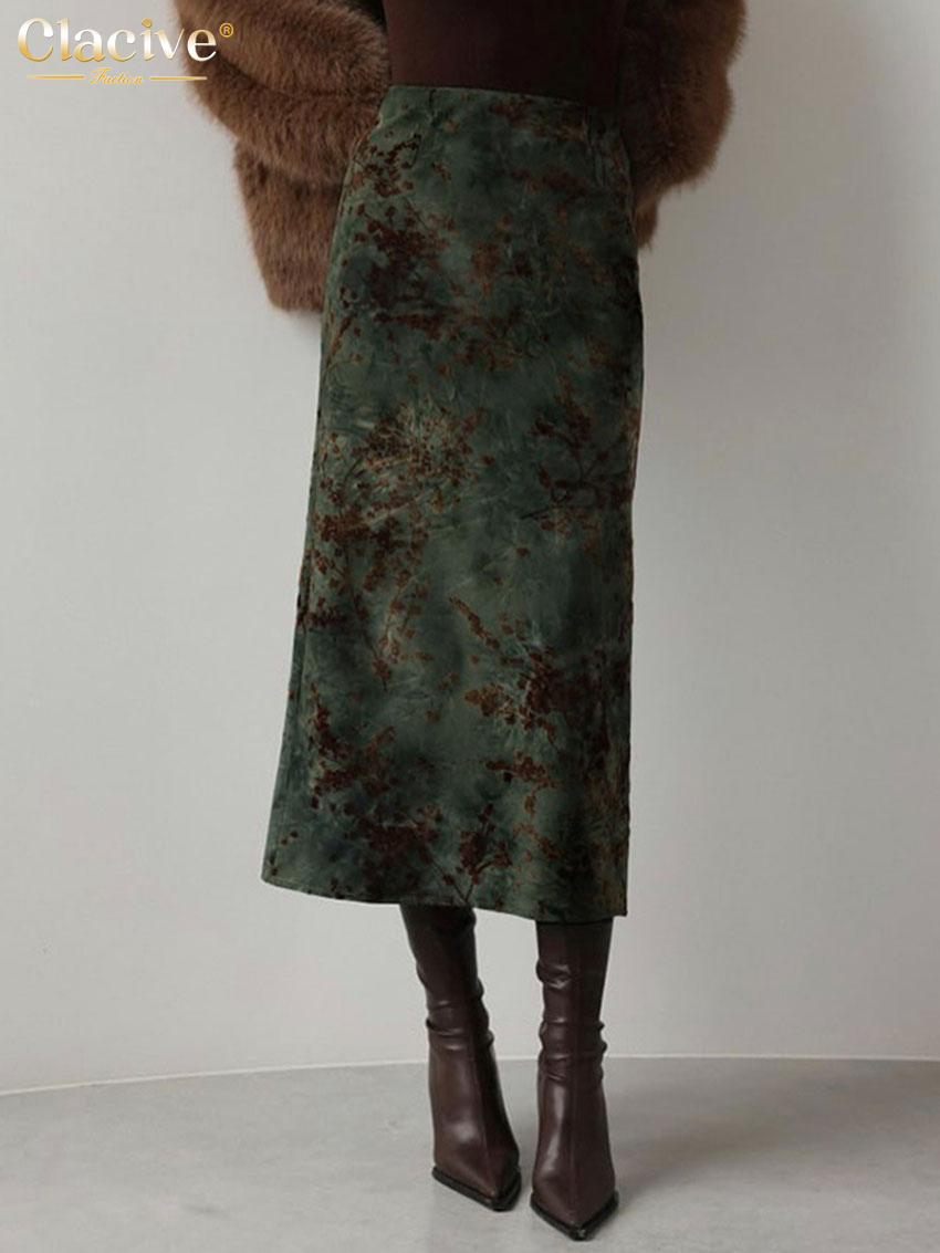 Clacive mode ample imprimé femmes jupe 2025 Vintage taille haute jupes mi-longues dames élégant classique jupe femme vêtements