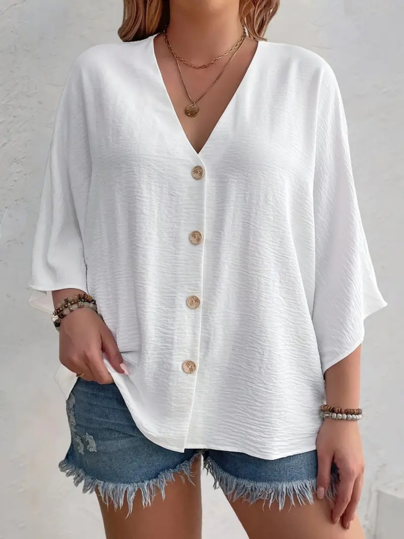 Grande taille 2025 nouvelle mode femmes hauts ample col en v à manches longues T-Shirt printemps été élégant couleur unie blouse décontractée