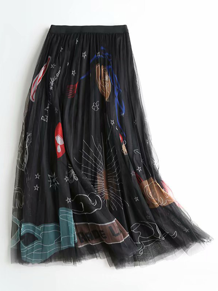 Jupe trapèze taille haute pour femme, maille imprimée, jupe longue plissée mi-longue, mode automne et été, nouveau, 2023