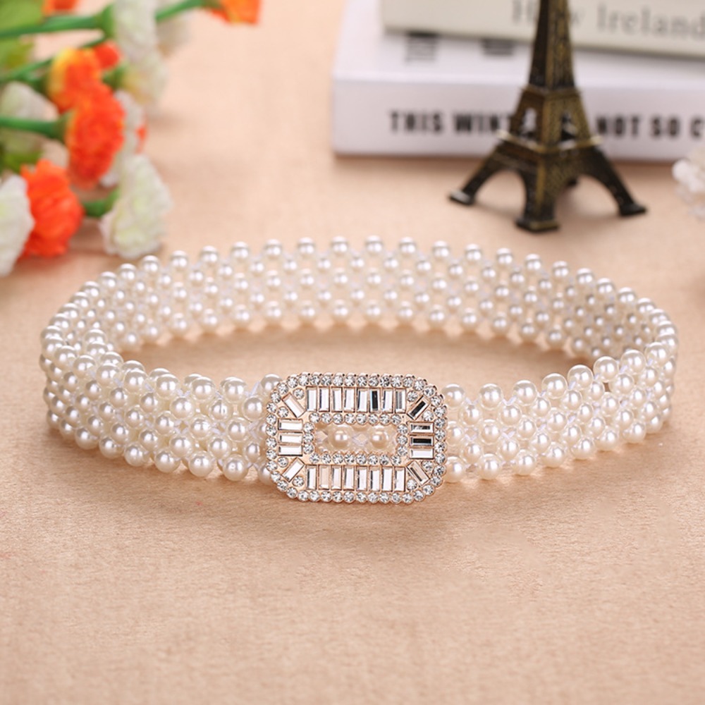 Ceinture Décorative Femme Élastique Fine à Boucle Métallique avec Perles, Style Décontracté et Polyvalent