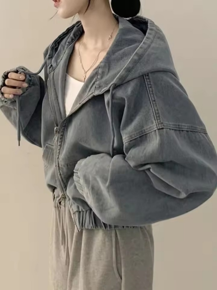 Veste courte en jean pour femmes, ample, manches longues, décontractée, mode automne, rétro, fermeture éclair, sweat à capuche, vêtements d'extérieur polyvalents