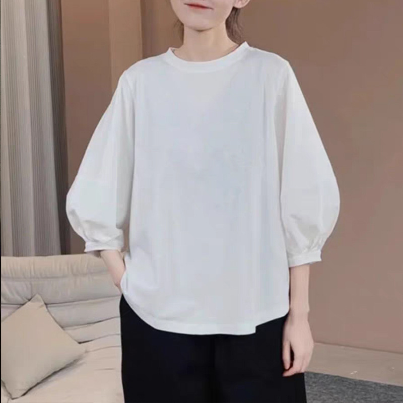 Vêtements pour femmes de grande taille, nouvelle collection printemps-été, couleur unie, polyvalent, décontracté, ample, T-shirt à manches lanternes trois-quarts