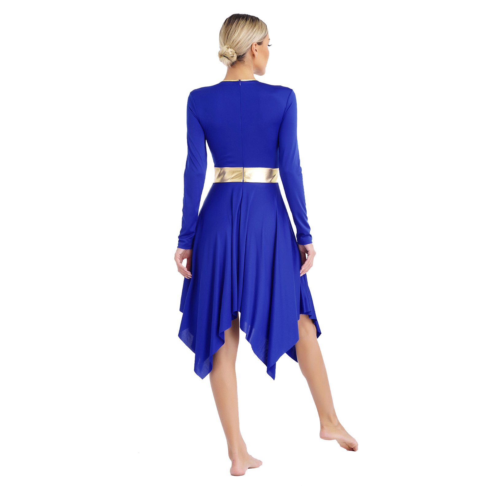 Robe de danse liturgique pour femmes, manches longues, métallique brillant, robe de culte avec pantalon, vêtements de danse de valse pour spectacle de chorale d'église