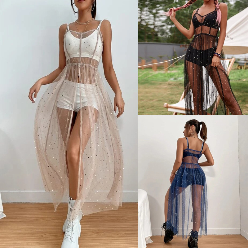 Robe de plage mi-longue fendue à paillettes pour femme, col carré en fibre, blouse de plage, douce pour la peau, confortable, vacances, nouveau, été