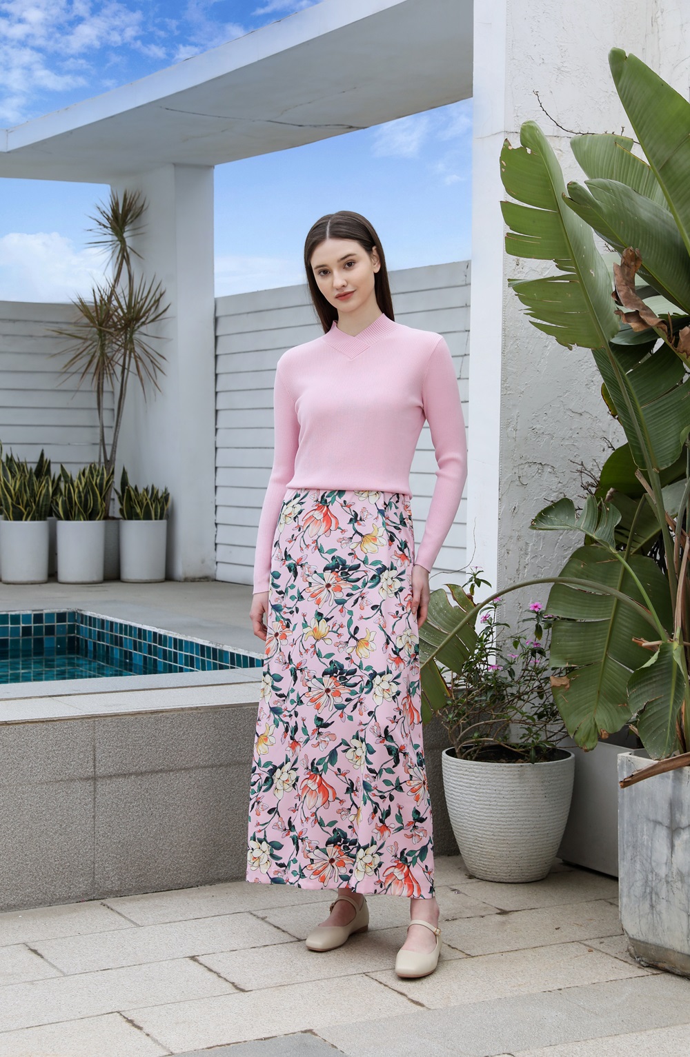 AP 2025SS – robe en Satin à fleurs pour femmes, rose clair, tricot, col en v, pull, jupe élégante pour dames