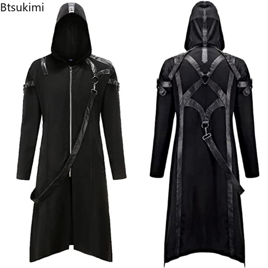 Costume gothique d'halloween pour hommes, automne hiver, fermeture éclair, manches longues, veste à capuche à bretelles, Cosplay médiéval, tenues de fête pour jeux de rôle