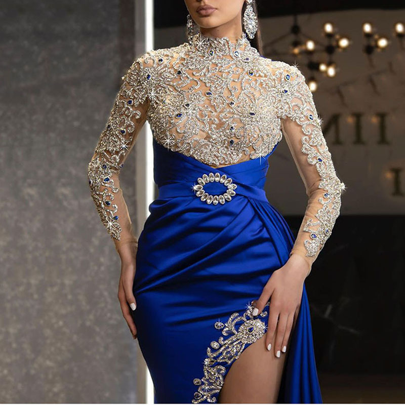 Robe longue épissée en dentelle bleue, Sexy, col rond, Style élégant, tissu Polyester, manches longues, robe mi-longue pour femmes