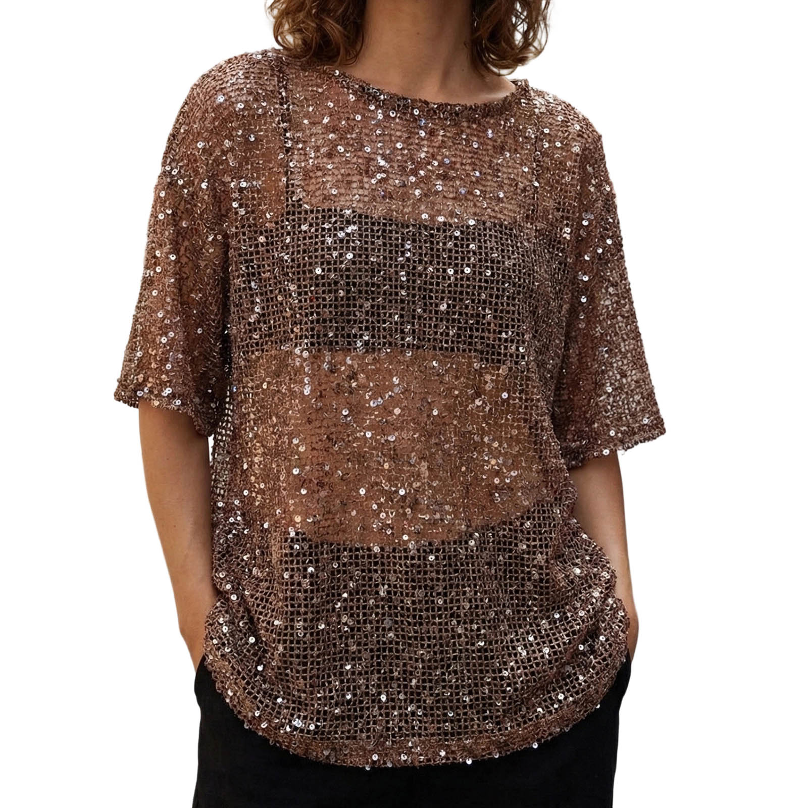 Chemisier Femme Transparent à Paillettes, Col Rond, Manches Courtes, Coupe Ample, Évidé, Nouvelle Collection Décontractée pour l'Été