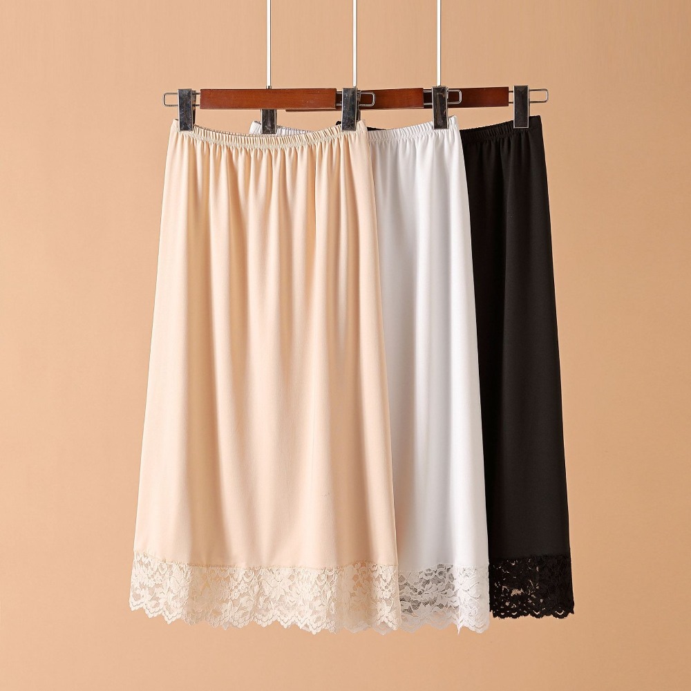 Jupe mi-longue en soie glacée fine pour femme, sous-jupe en dentelle anti-transparence, taille haute, maille élastique à motif floral