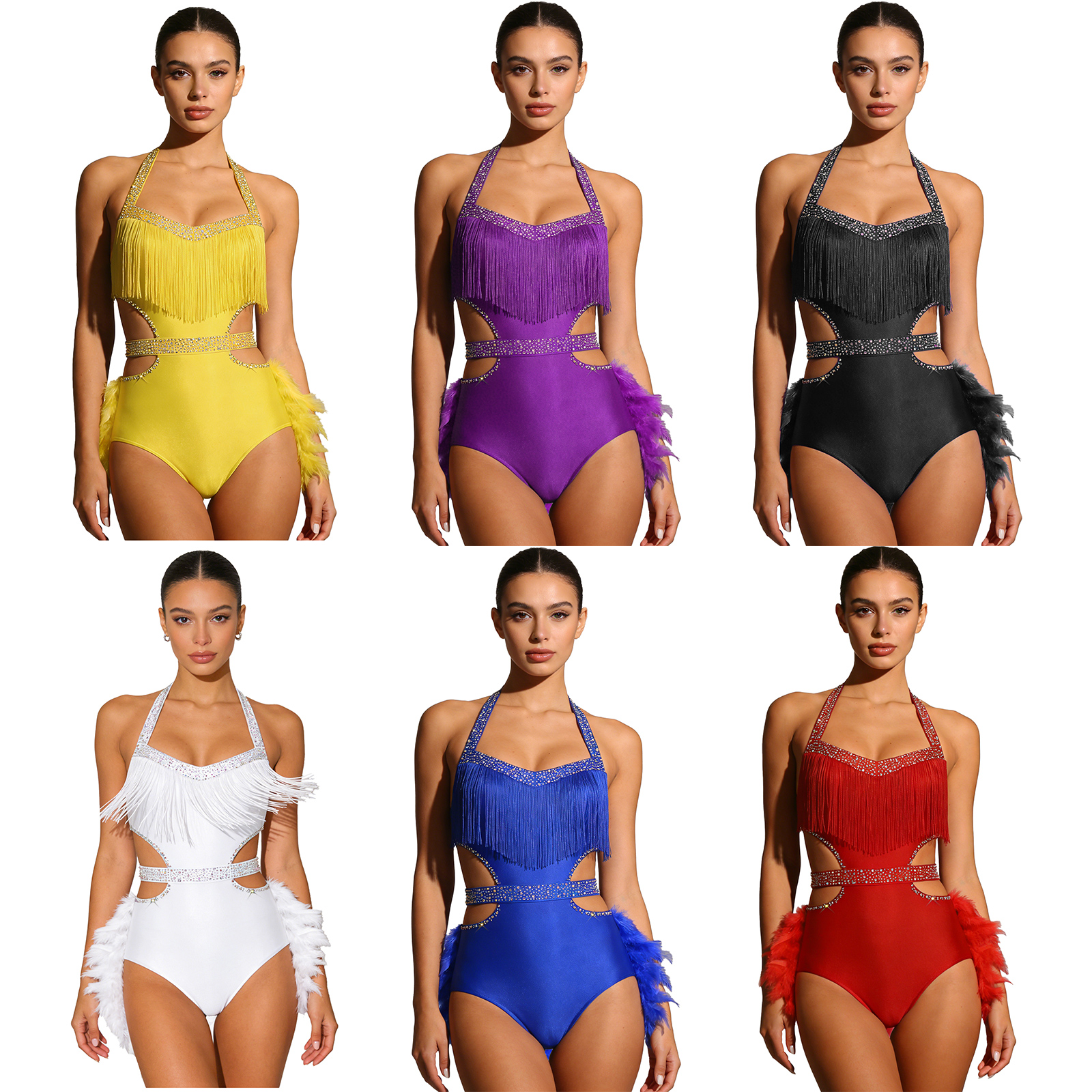 Femmes danse latine Salsa Rumba Samba cha-cha Tango salle de bal justaucorps robe licou découpe strass plume body vêtements de danse
