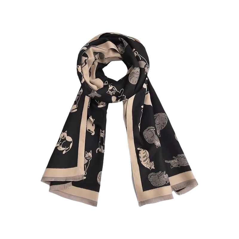 Écharpe Épaisse à Motif Chat pour Filles, Nouvelle Collection Hiver, Style Collège, Mignonne et Tendance, Châle Chauffant pour le Cou