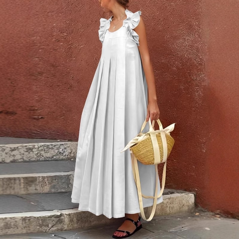 Robe longue décontractée sans manches, couleur unie, mode, ample, plissée, grand ourlet, ligne a, nouvelle collection printemps été, robes de Style de vacances
