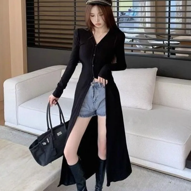 Chemises noires à manches longues et col en V pour femmes, cardigan mince, coupe-vent mi-long, chemisiers minces, streetwear chic, automne, Y-Y2K