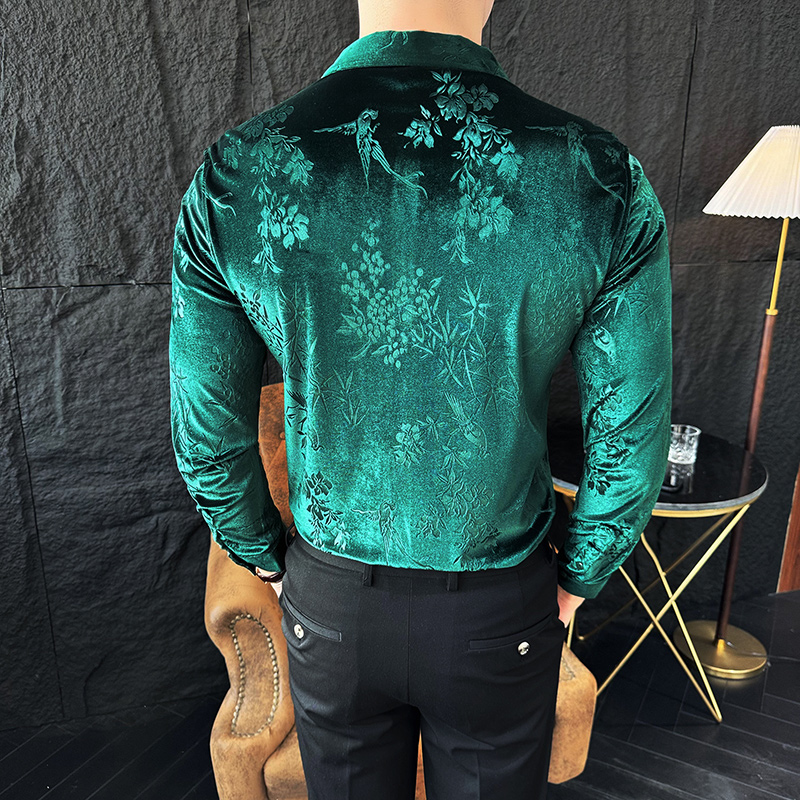 Chemise de luxe en velours et velours pour hommes, Slim, tenue décontractée, fête sociale, smoking, printemps, 2024