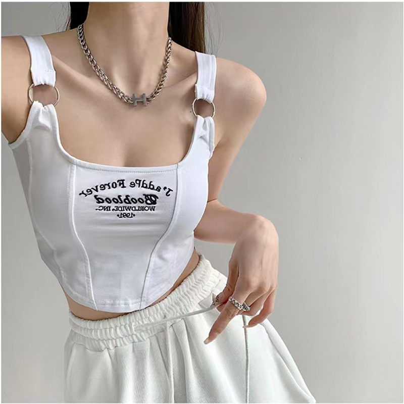 Débardeur avec lettres brodées pour femmes, avec coussinet de soutien-gorge, Camis décontracté Y2K, haut court pour femmes, ceinture d'épaule, anneau en fer