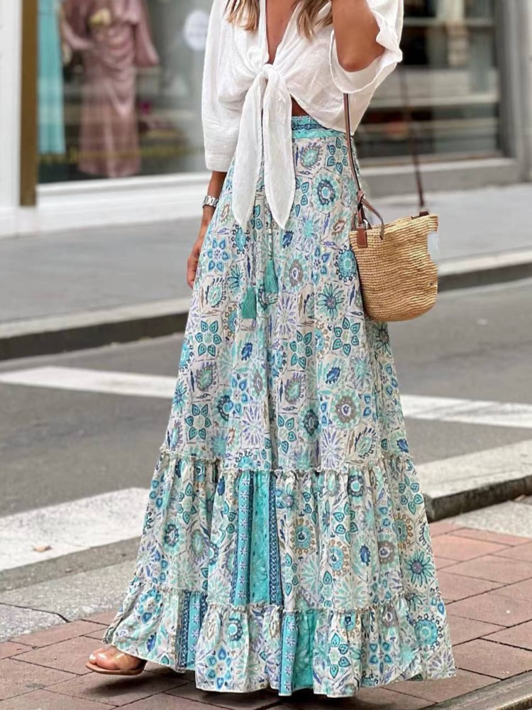 Femmes imprimer jupe longue mode Vintage jupes amples dame décontracté élégant Boho plage vacances jupes femmes vêtements été nouveau