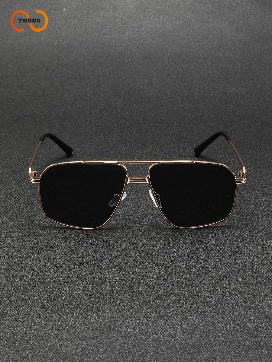 Lunettes de soleil pilote rétro tendance pour hommes, monture en alliage doré et lentille noire, lunettes de conduite carrées vintage cool avec bras antidérapants