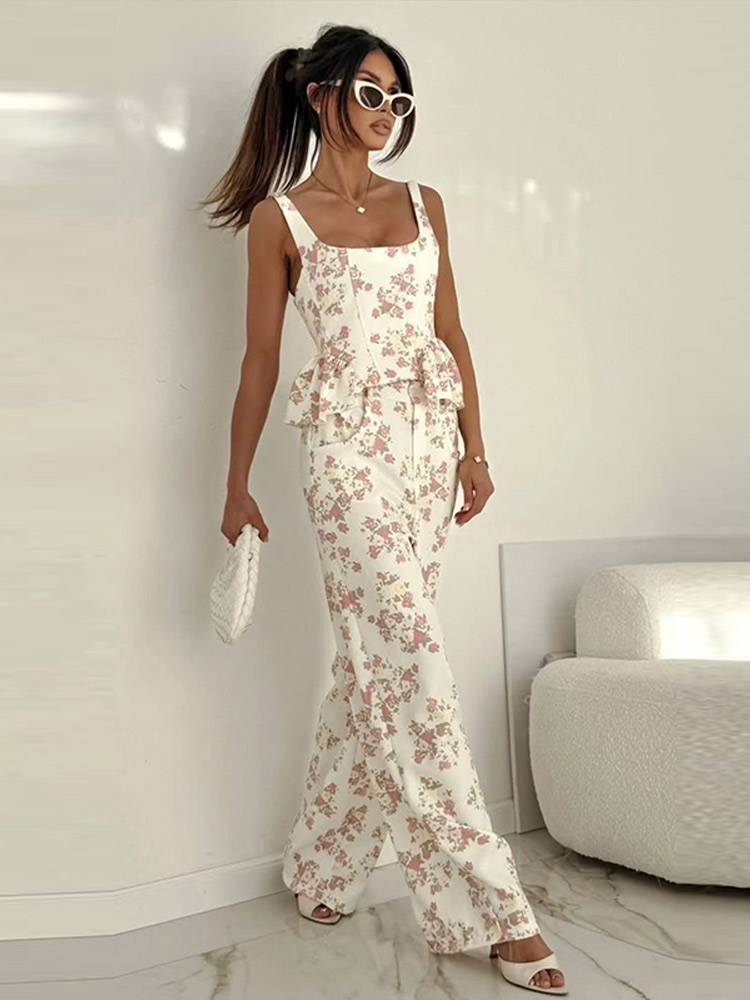 Ensemble pantalon et haut à volants imprimé tendance pour femme, débardeur sans manches dos nu avec poches et pantalon large, collection été 2026, tenue florale pour femme