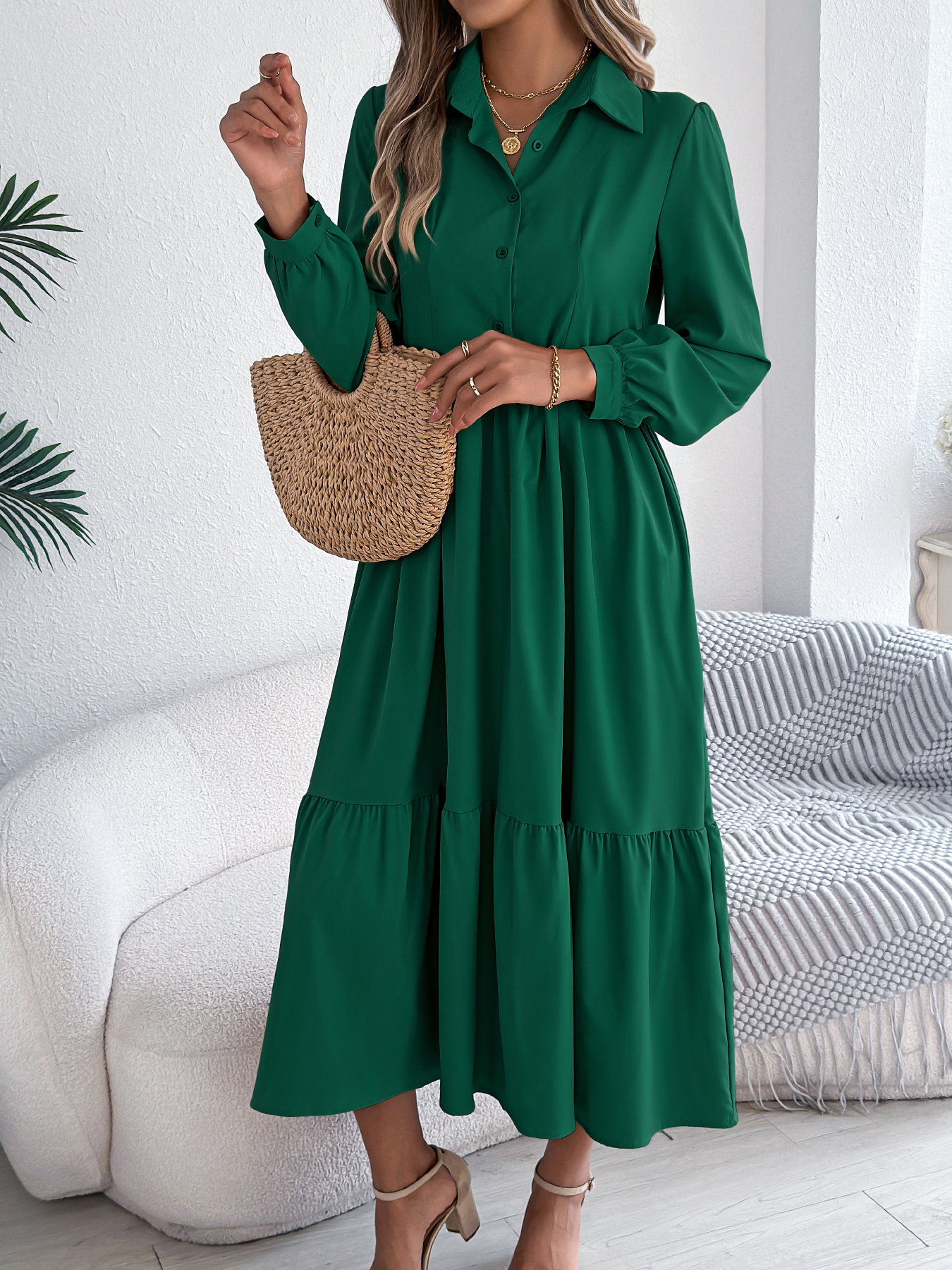 Robe décontractée pour femme à col rabattu et manches longues, idéale pour les vacances, printemps-automne, coloris kaki, vert, bleu, rouge