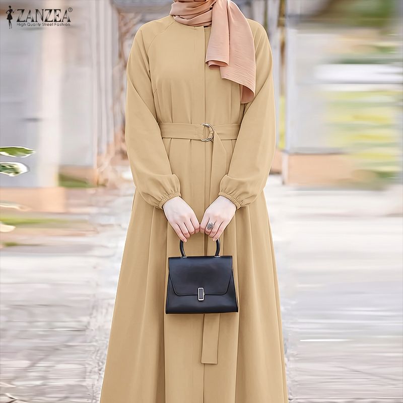 Robes Abaya Hijab Musulmanes Modestes ZANZEA pour Femmes – Élégante Robe Longue à Col Rond et Manches Longues avec Ceinture, Couleur Unie, Coupe Ample, Style Dubaï, Ramadan