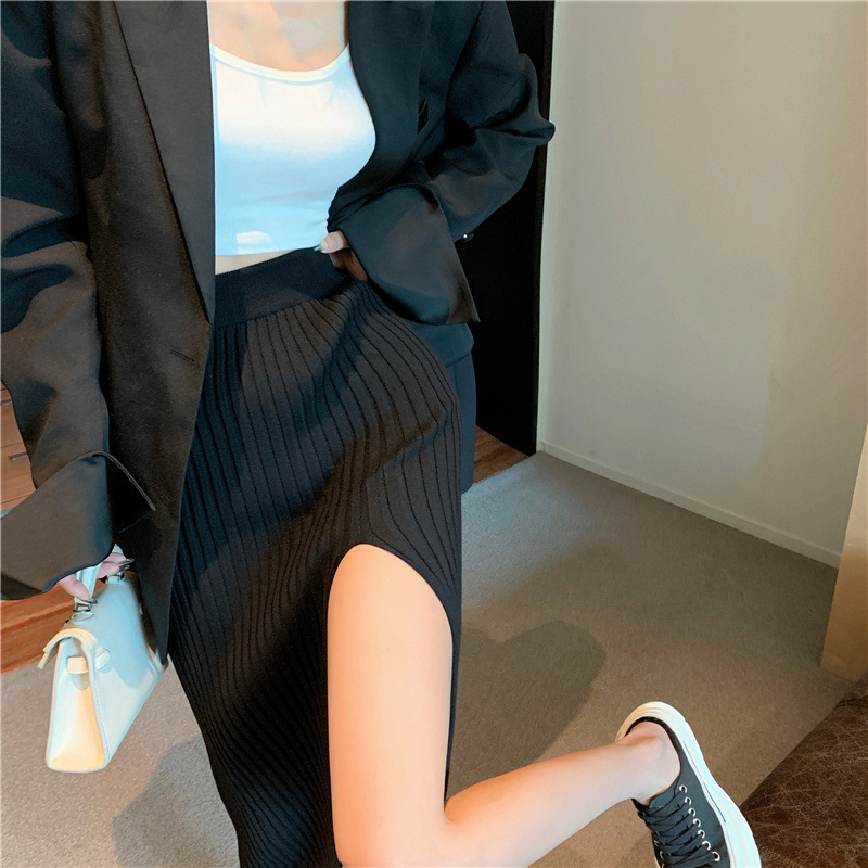 Jupe élégante et sexy à fente pour femme, robe tricotée ajustée amincissante style Hot Girl, jupe taille haute pure et raffinée