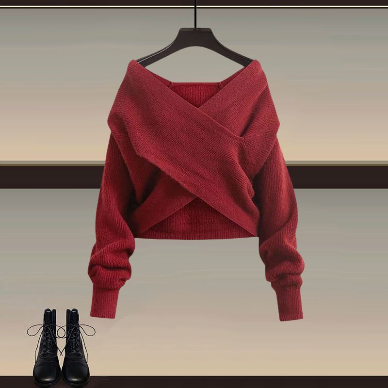 Ensemble 3 pièces chic pour femme : pull en maille croisée élégant, chemise et robe noire à bretelles – Nouvelle collection hiver 2026
