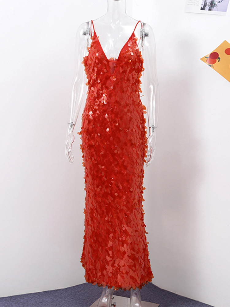Sexy paillettes longue fronde robe de soirée femmes col en V sans manches rouge Maxi mince Robes femme 2025 été dame hanche paquet Robes nouveau